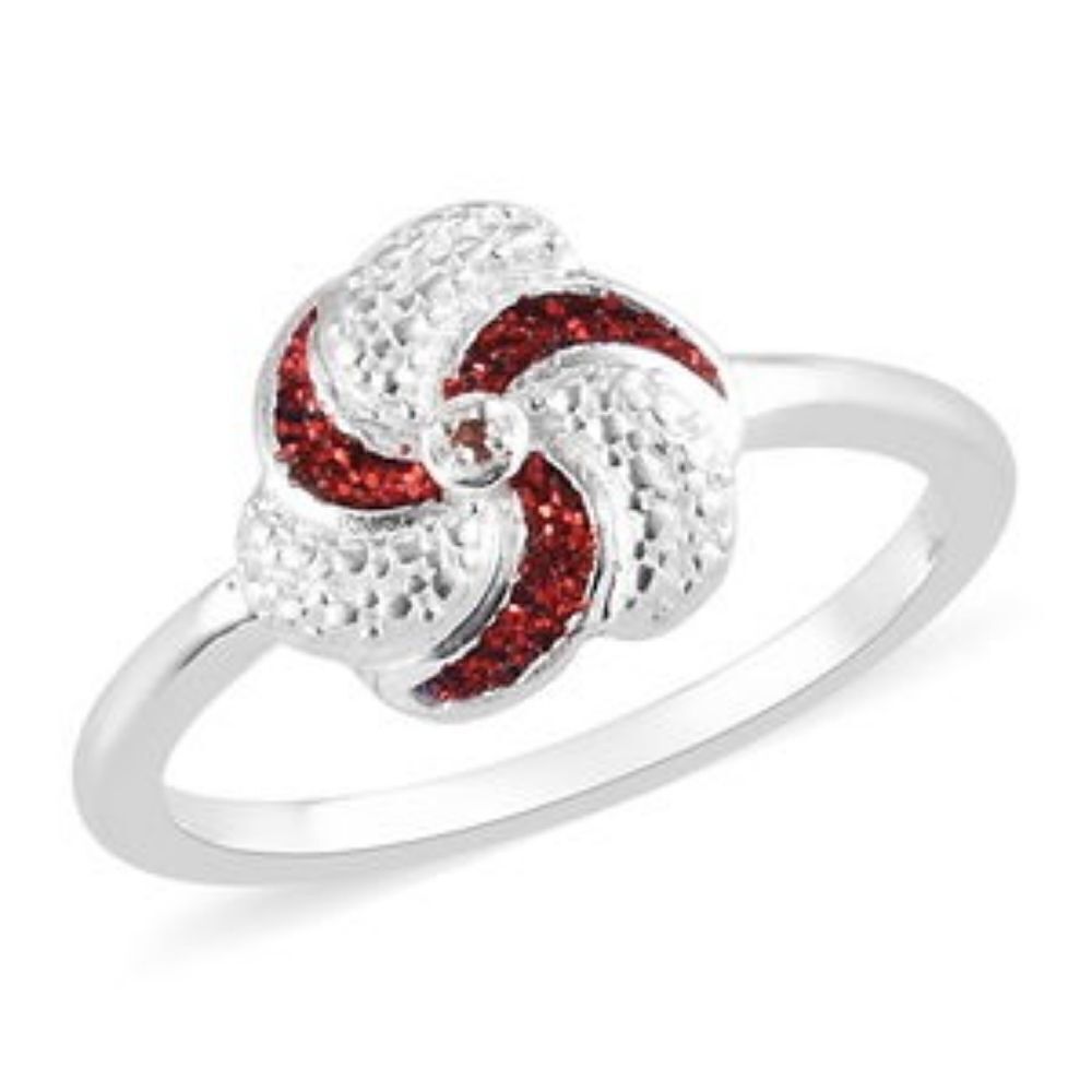 Chic Red & Clear Gemstone Swirl Accent Ring in Rhodium Sterling  (Size 11.0)
